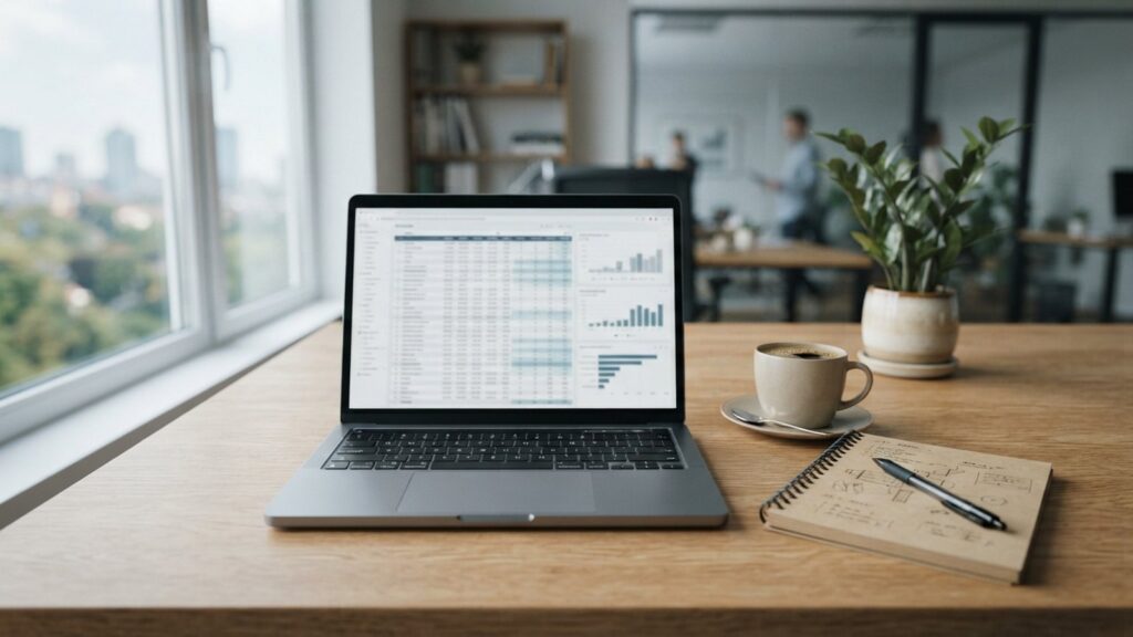 Notebook s tabulkou dat na pracovním stole v kanceláři, vedle blok a káva