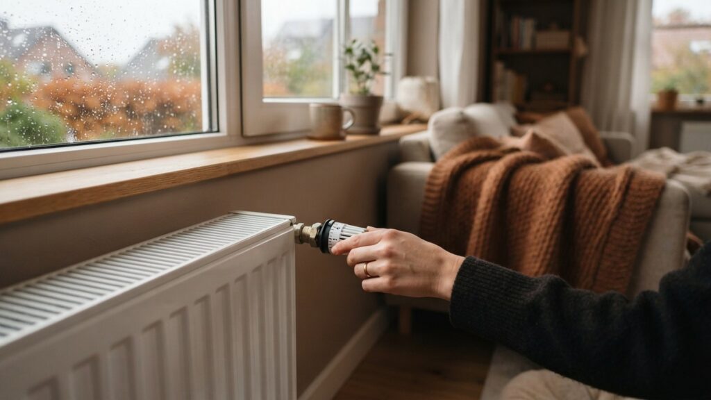 Ruka nastavuje termostatickou hlavici radiátoru v obývacím pokoji na podzim